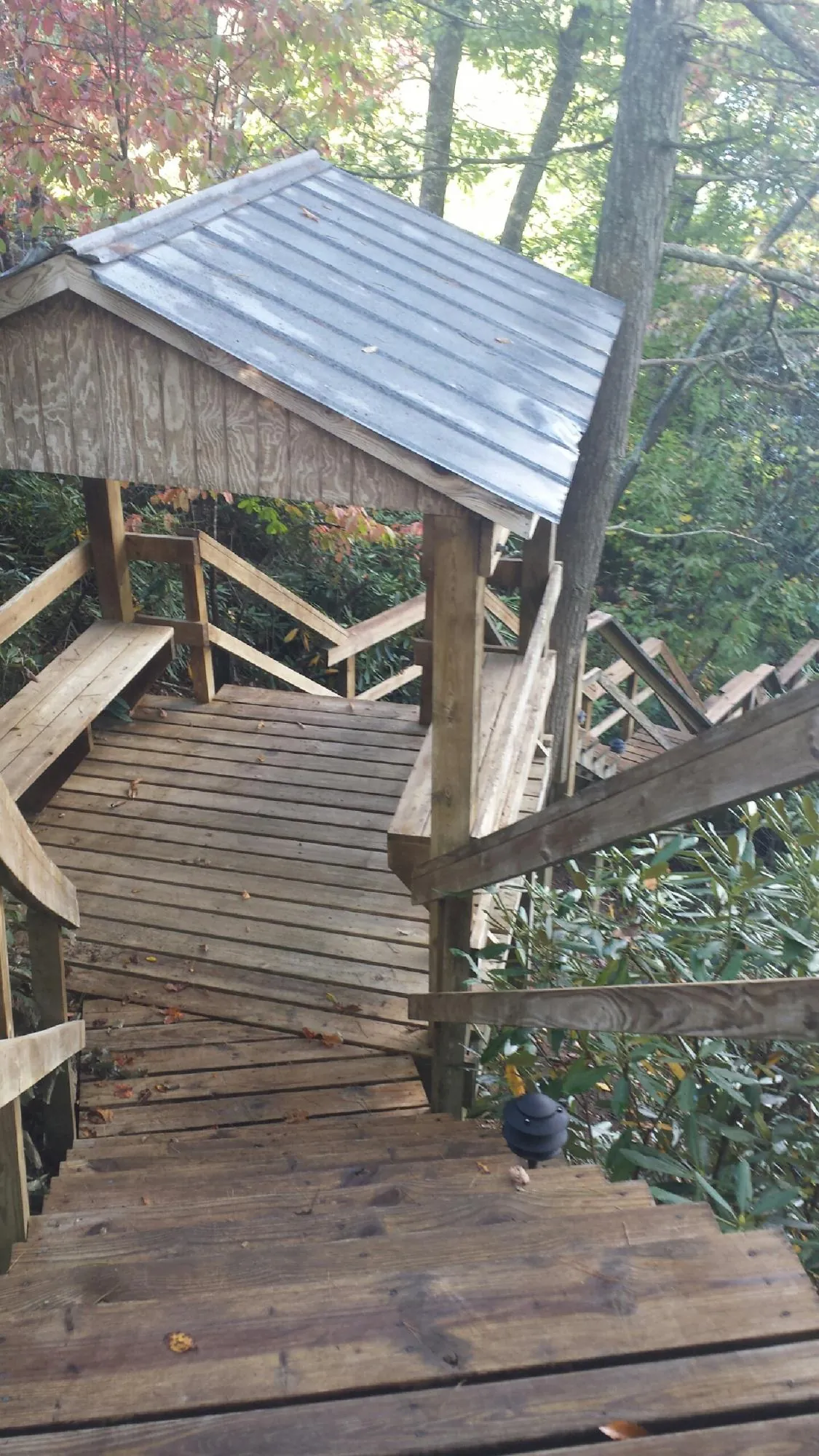 Metal roofed shelter over wooden steps on a wooded walkway — Skylight Repair & Installation work by our crew in Allardt